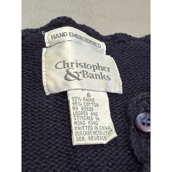 Christopher Bank Navy Blue Embroider Floral Short Sleeve Cardigan Sweater-6-4857 - Picture 5 of 9